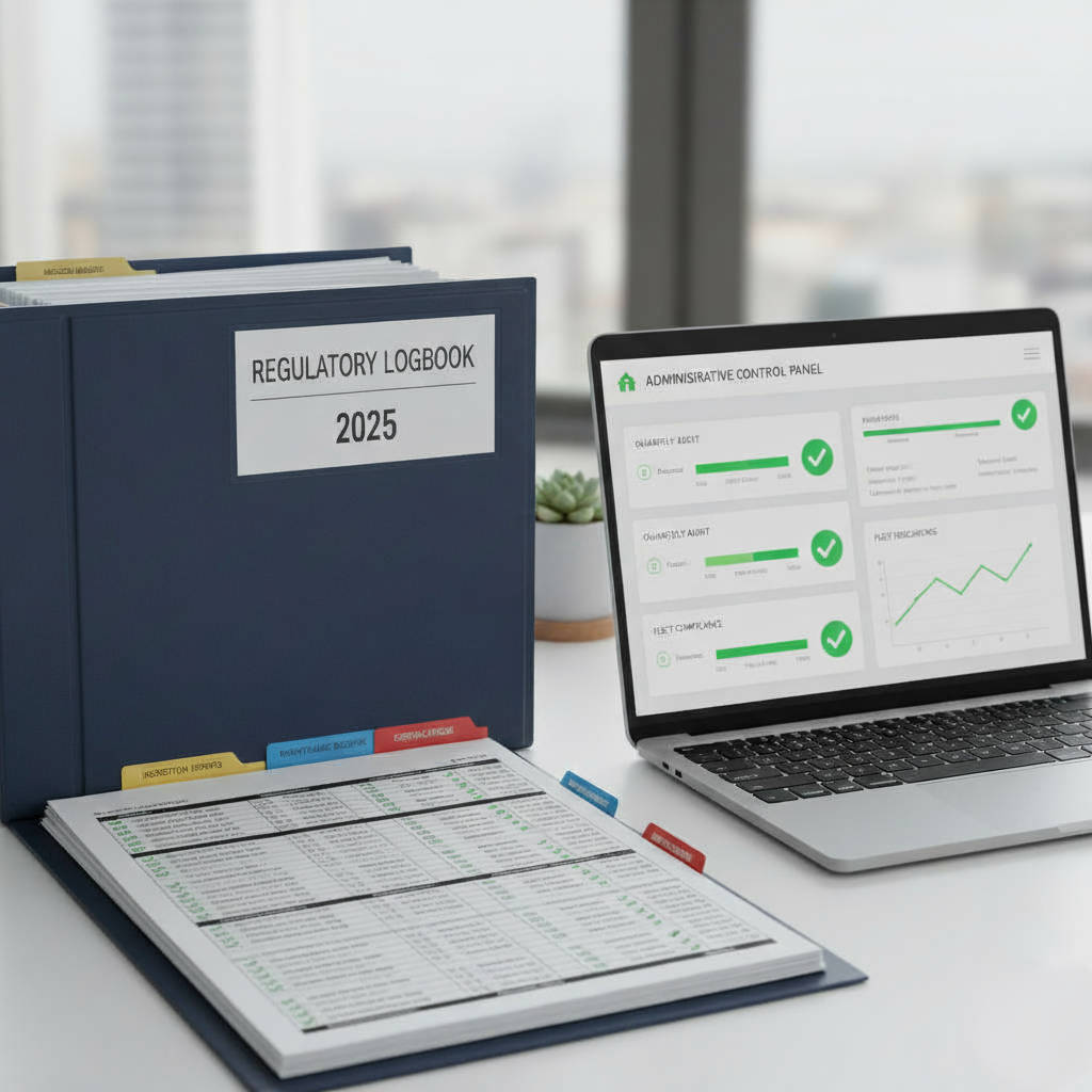 Regulatory logbook for 2025 and a laptop showing a fleet compliance dashboard