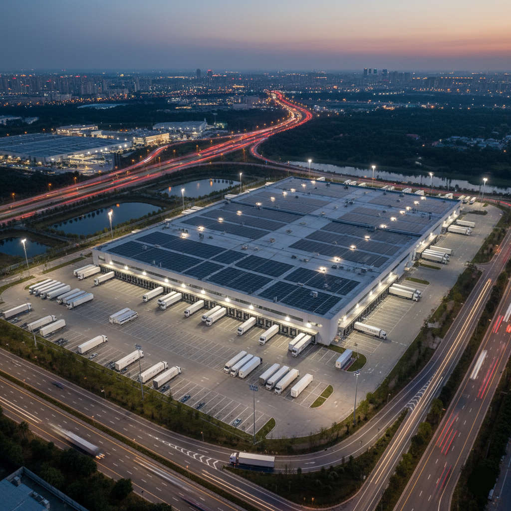 Aerial view of a large-scale transport distribution centre at dusk