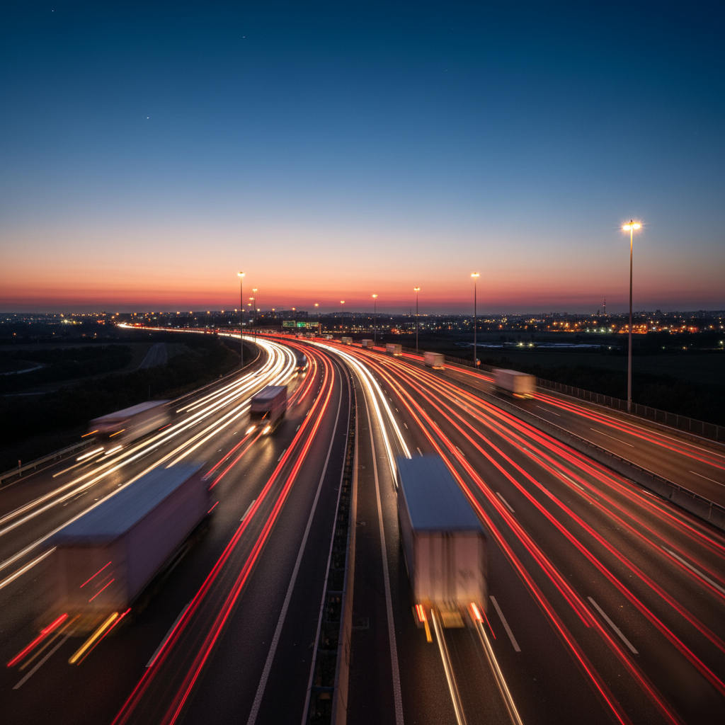 View of a clear highway from inside a modern truck with no dashboard warnings
